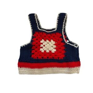 Vintage Handmade Tank Womens Red White Blue Crochet Granny Square Sleeveless Top